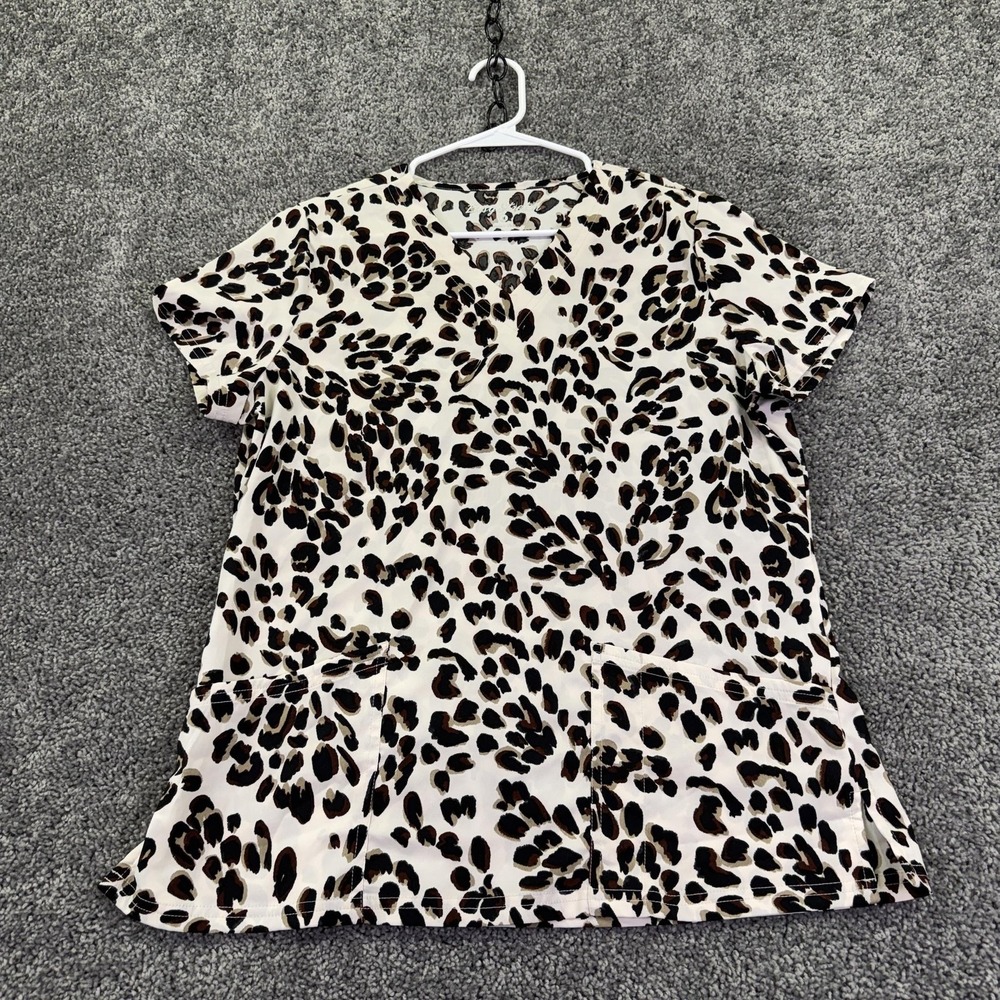 Easy Stretch Shirt Womens M White Leopard Print V Neck Scrub Tunic Top Pockets